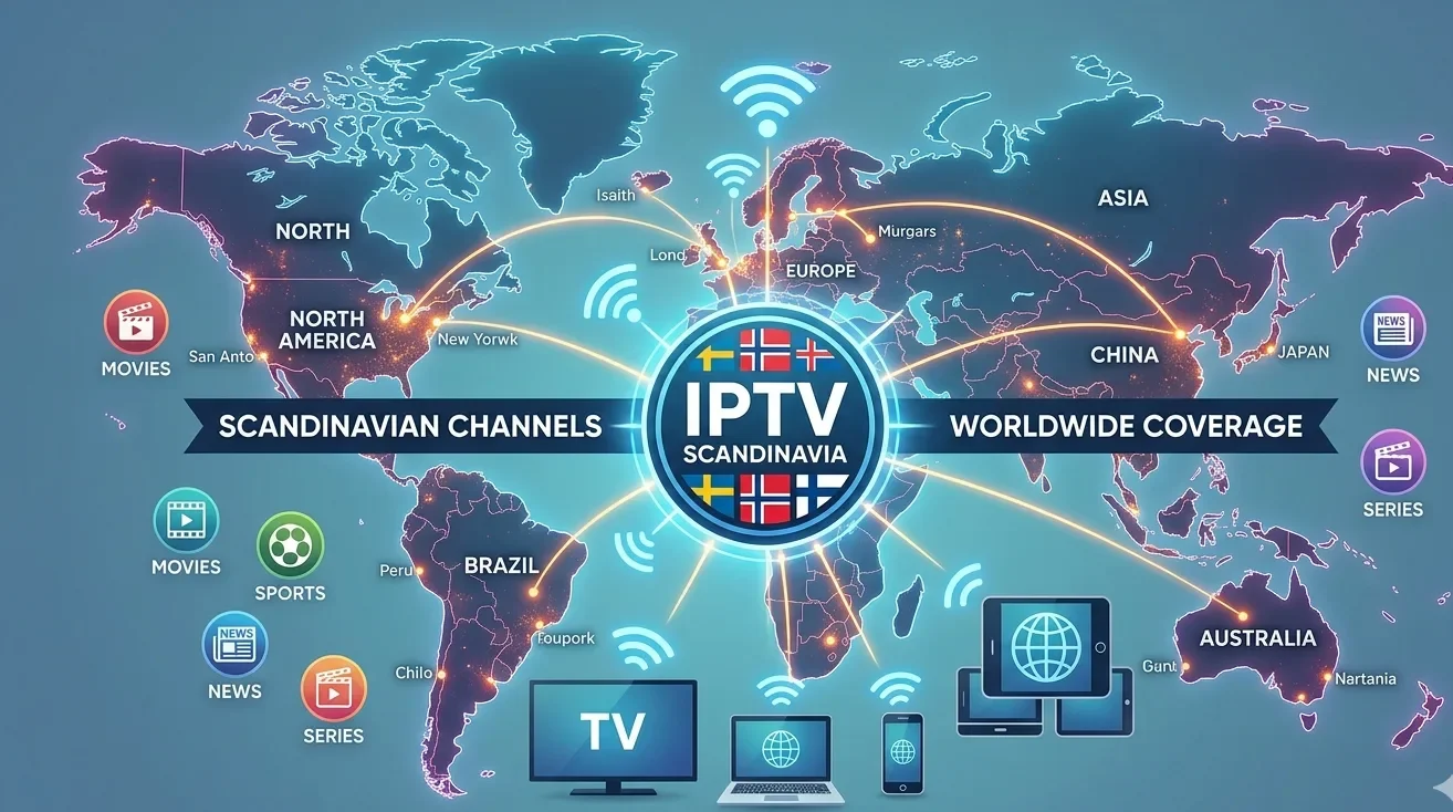 Scandinavian living room with modern Smart TV streaming Nordic IPTV 4K HDR channels – Sweden, Norway, Denmark, Finland